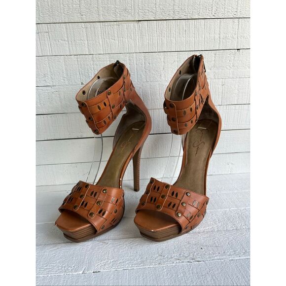Jessica Simpson JS-Karlie Leather Studded High Heel Sandals Tan Size 9 / EU 39 - Picture 1 of 10